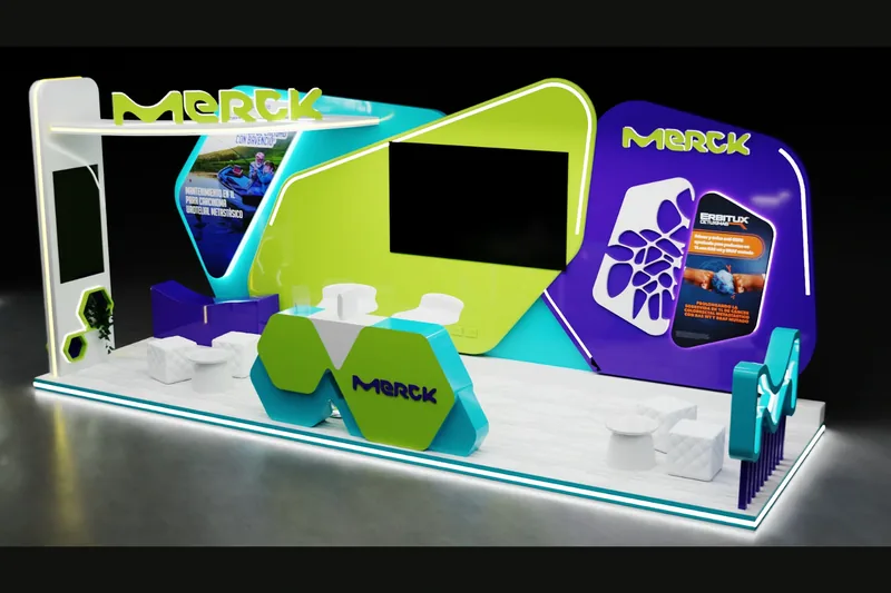 Render del stand Merck antes de fabricar